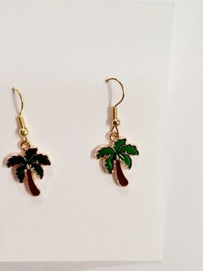 Gold-tone Palm Tree Dangle Earrings with Green Enamel